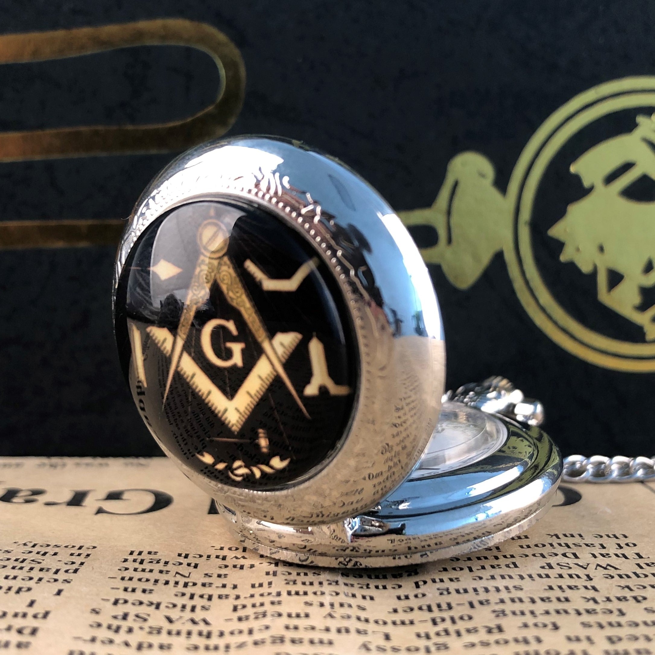 Masonic Black and Silver  Quartz Movement Vintage Pocket Watch