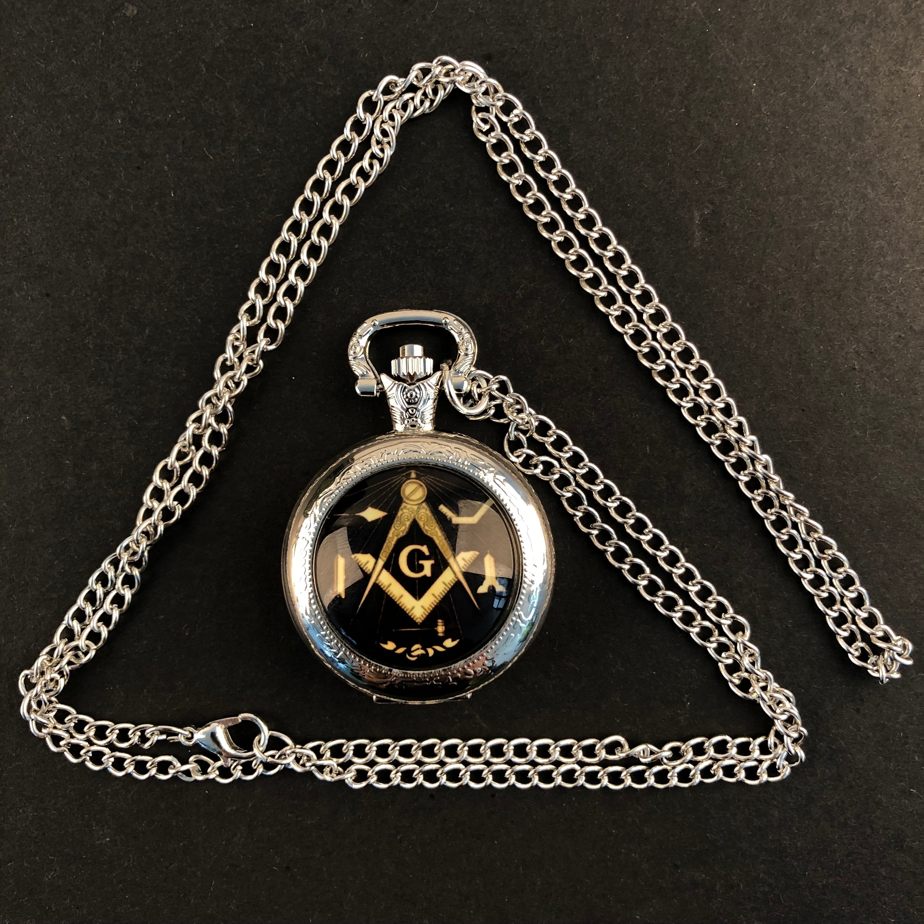 Masonic Black and Silver  Quartz Movement Vintage Pocket Watch