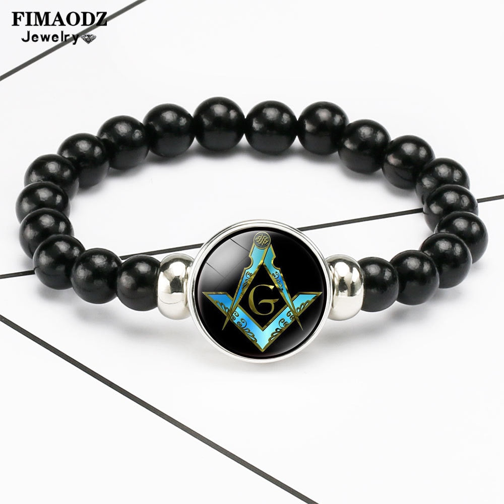 Masonic Symbol Glass Dome Free Mason Beaded Bracelet