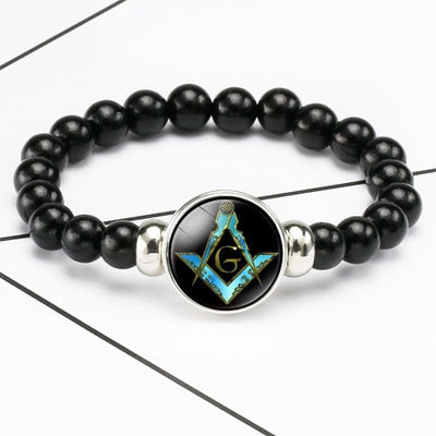 Masonic Symbol Glass Dome Free Mason Beaded Bracelet