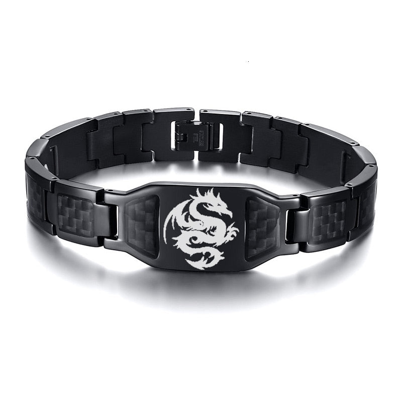 Masonic & Symbolic Logo Stainless Steel Black Carbon Fiber Link Bracelet