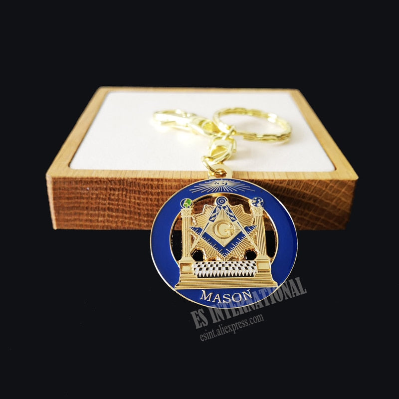 Masonic Symbols gold and blue Freemason Keychain