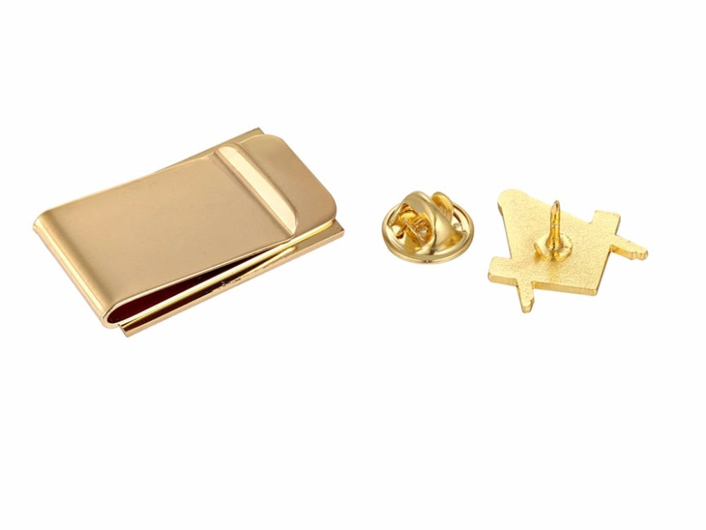 Masonic Square & Compass Gold Money Clip and Lapel Pin Set