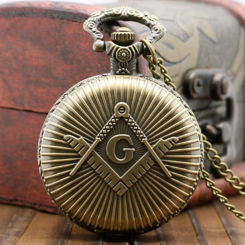 Antique Bronze Masonic Quartz Pocket Watch and Necklace Set