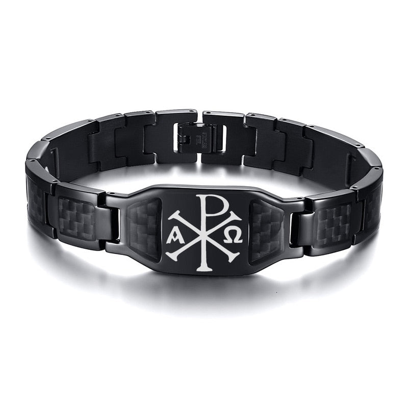 Masonic & Symbolic Logo Stainless Steel Black Carbon Fiber Link Bracelet