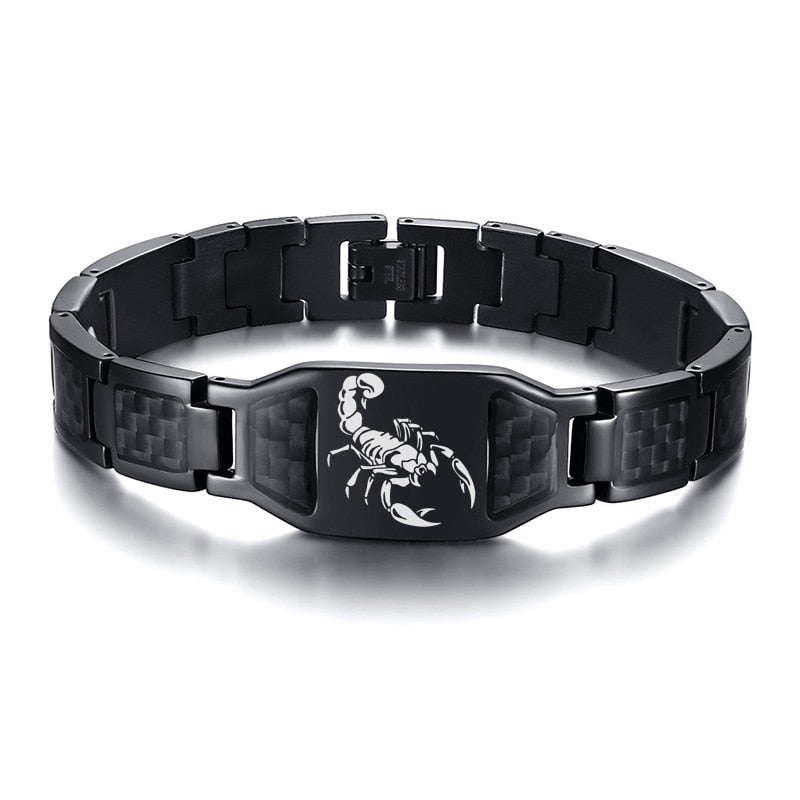 Masonic & Symbolic Logo Stainless Steel Black Carbon Fiber Link Bracelet