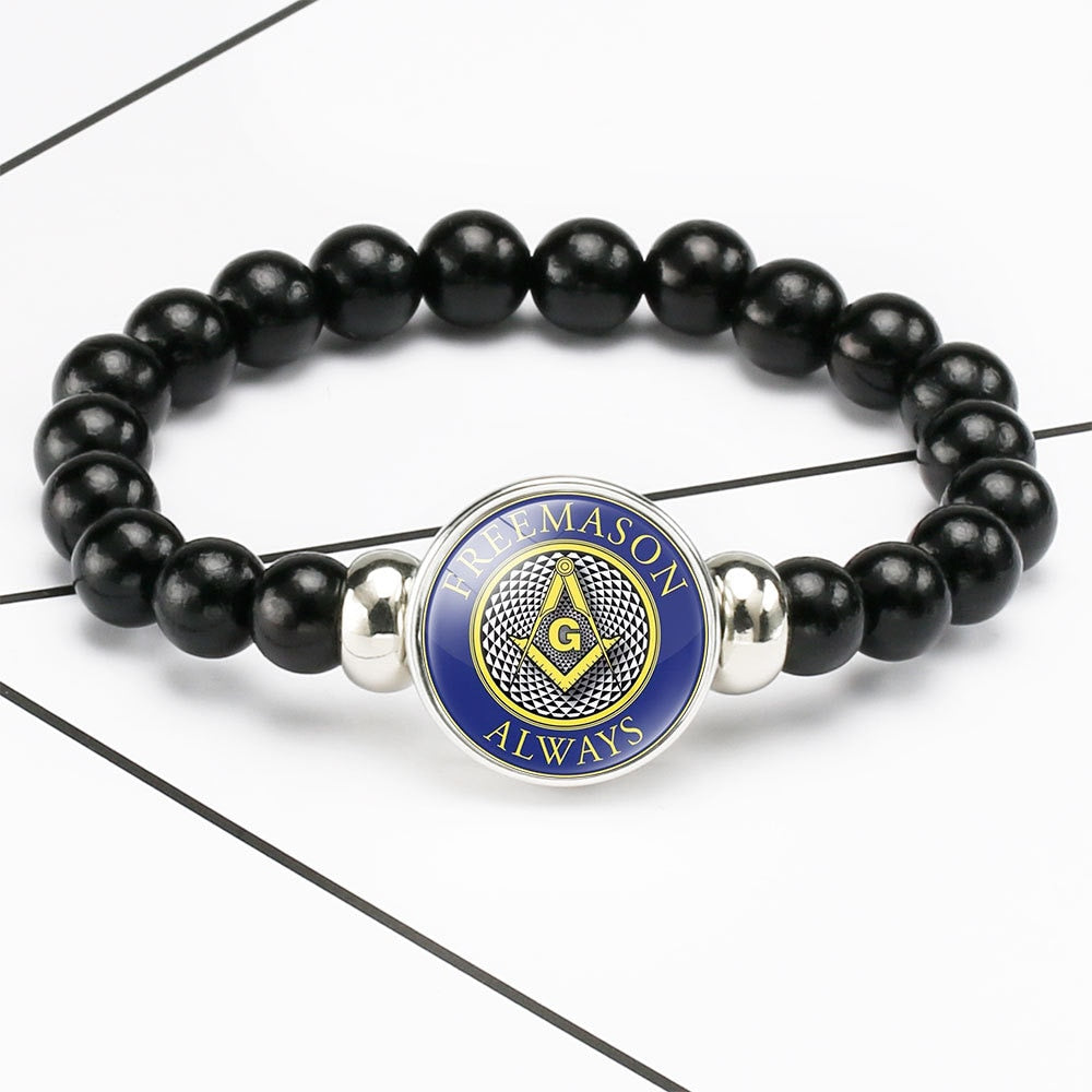 Masonic Symbol Glass Dome Free Mason Beaded Bracelet