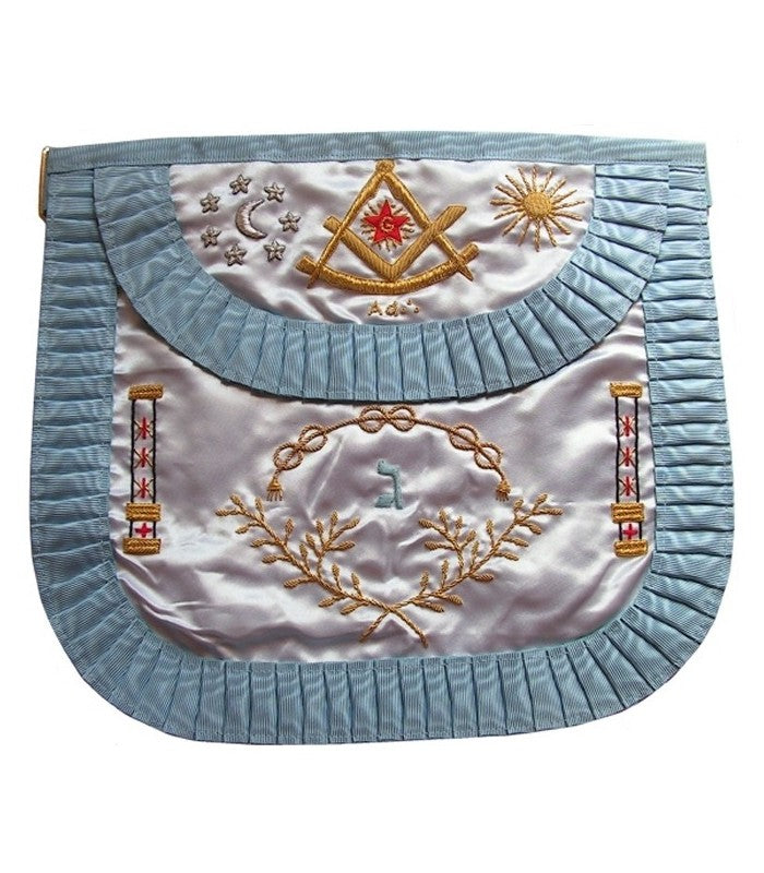 Tablier Vénérable Maître Rite Français Traditionnel (RFT). Ghimel/Ad:./Bords droits/Dos bleu ciel. 39x33cm