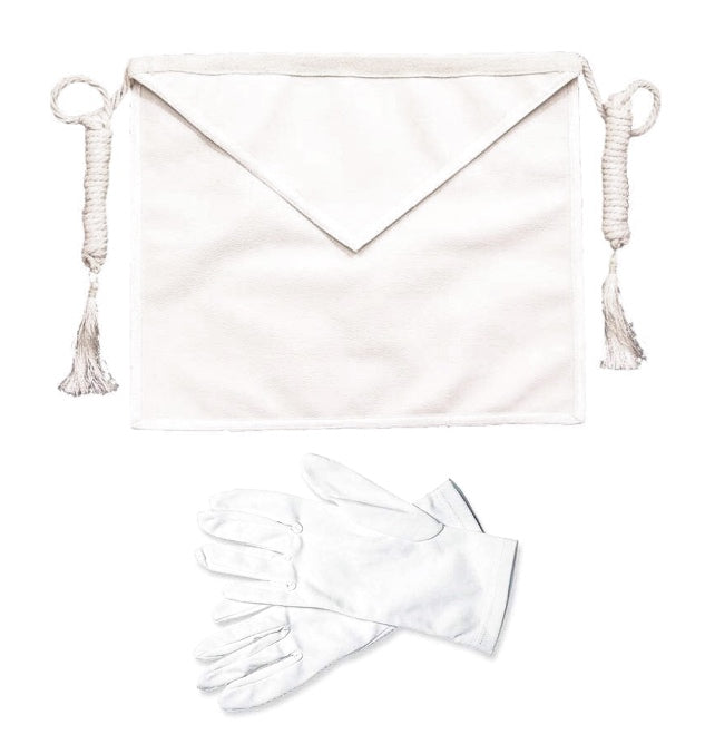 Entered Apprentice Apron with decorative cord - American Constitution (York Rite, Blue Lodge). 36x31cm + 1 pair of white gloves