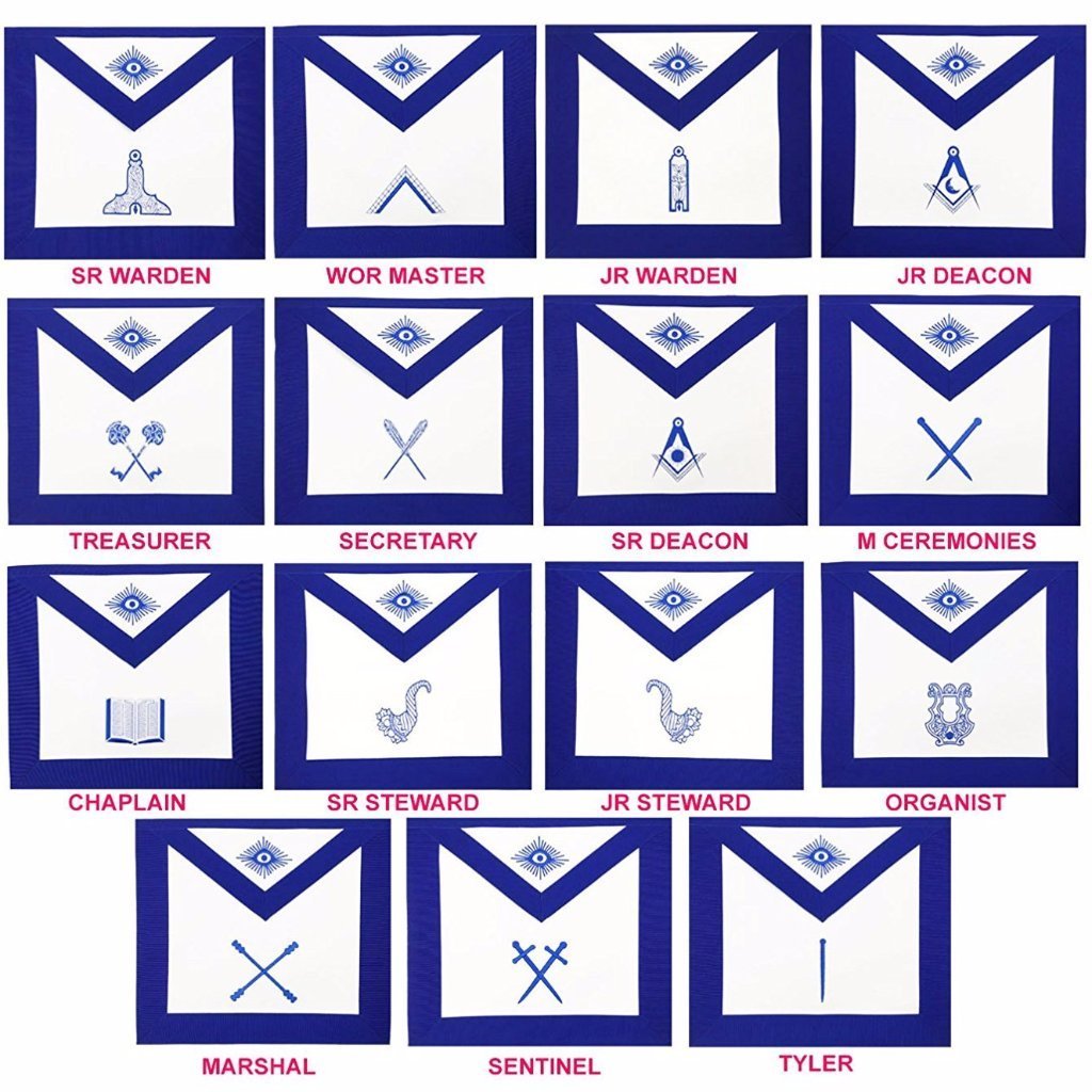 Set 15 Lodge Officer Aprons (WM included) - American Constitution (York Rite, Blue Lodge). 39x33cm